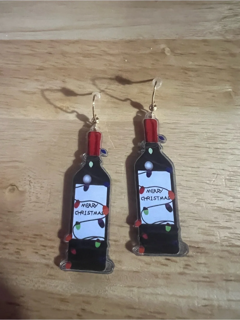 Holiday Red Wine Bottle Earrings - Merry Christmas Design E135
